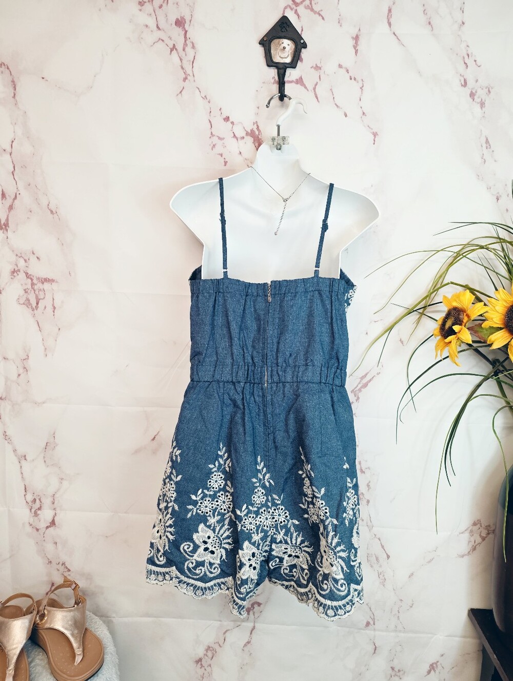 Simplee Blue Embroidered Cotton Scalloped Lace Romper Medium - Picture 5 of 7